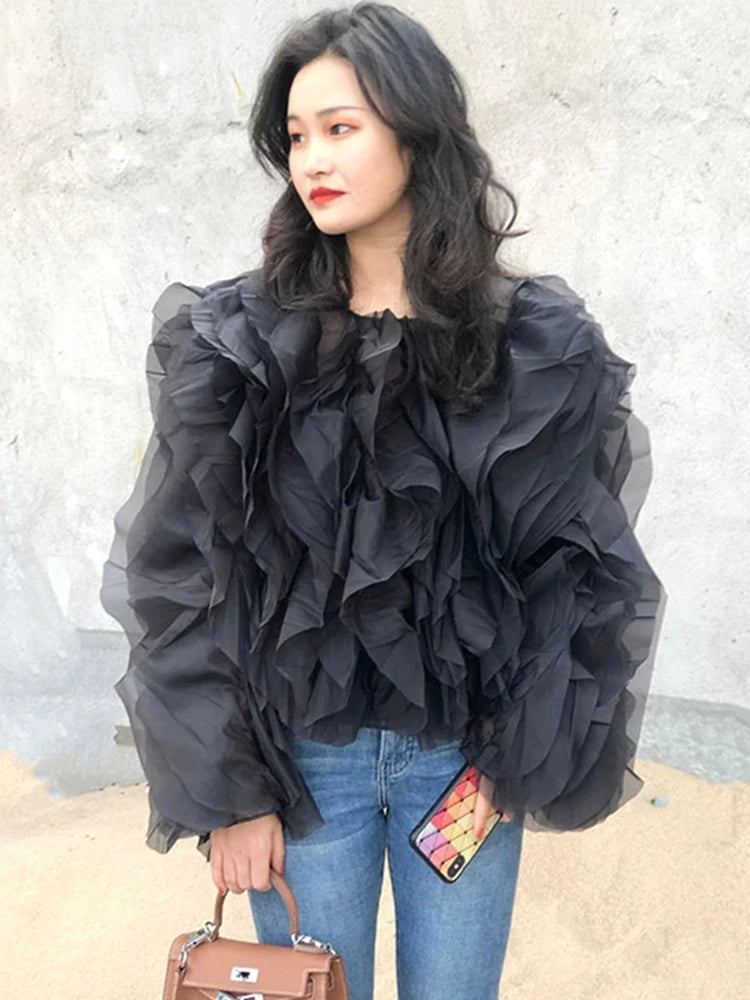 TWOTWINSTYLE Ruffle Chiffon Lantern Sleeve Blouse