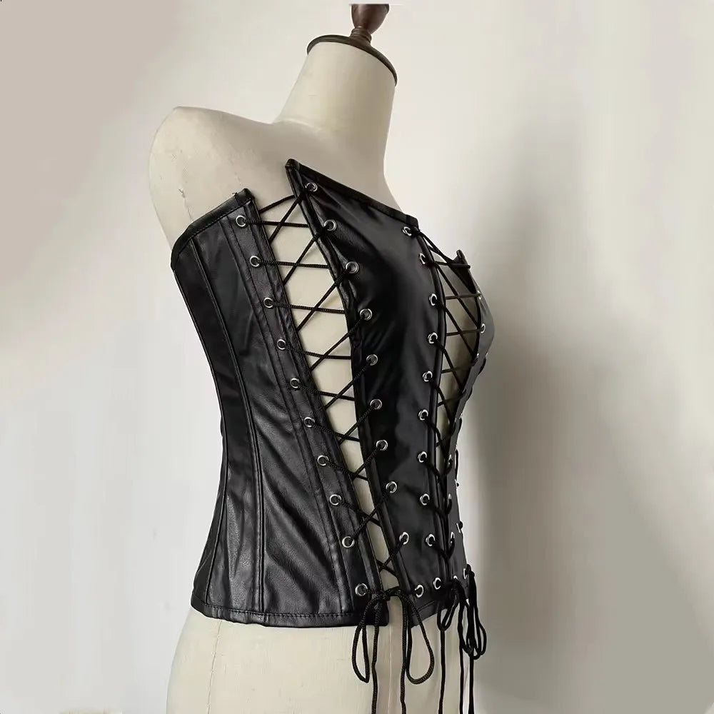 Women's PU Leather Lace-Up Corset Crop Top