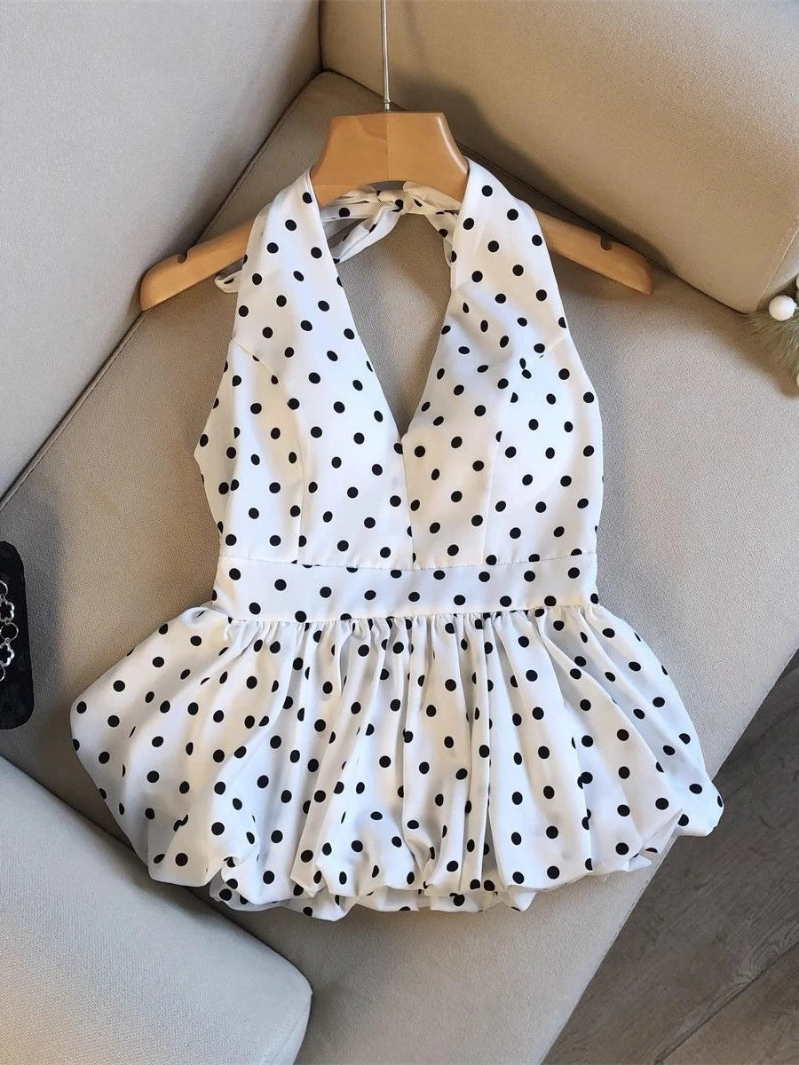Women's Backless Halter Polka Dot Ruffle Crop Top