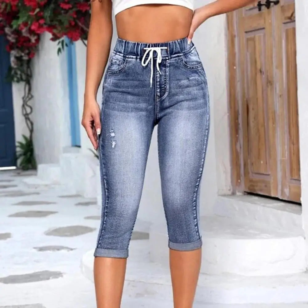 Women's High Waist Vintage Drawstring Denim Capris