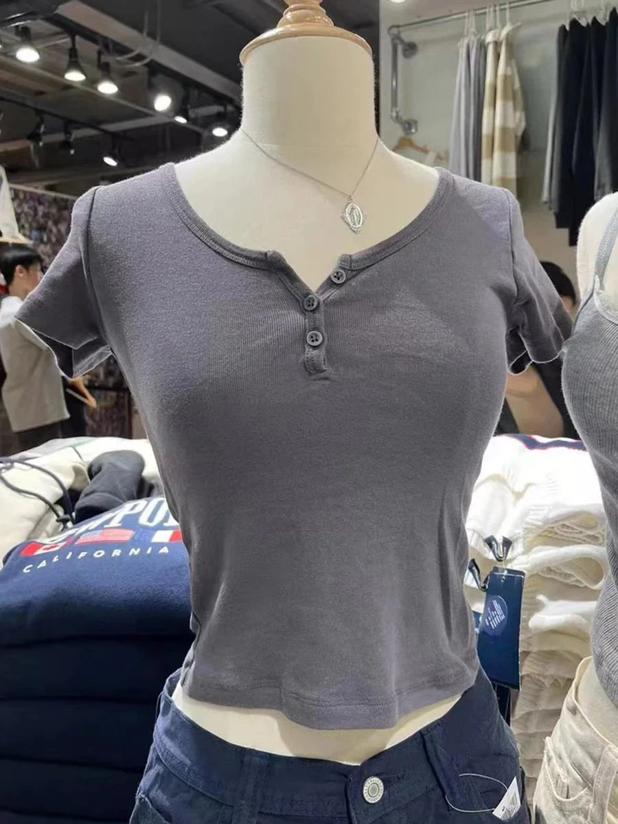 Women's Y2K Striped Button Crop Top