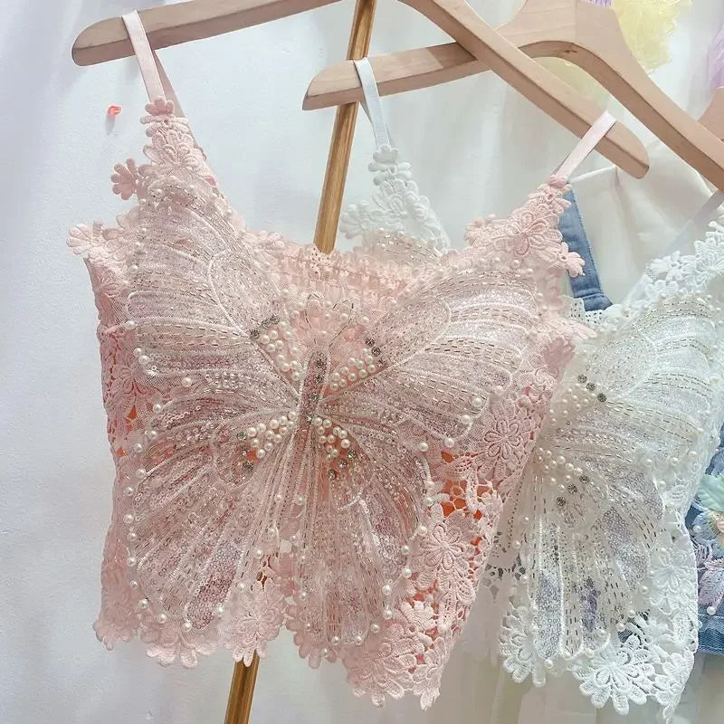Women's Heavy Beaded Floral Lace Crop Tank Top