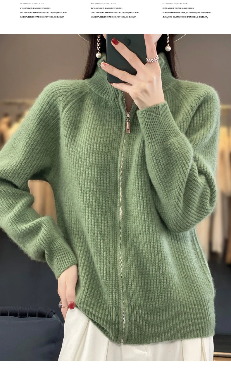 Women's Wool Zip-Up Stand Collar Cardigan