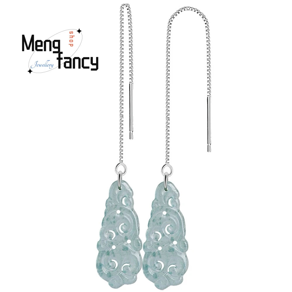 Elegant S925 Silver Natural Ice Jade Drop Earrings