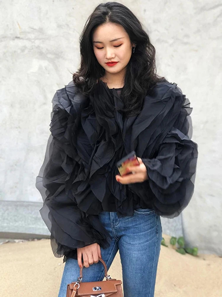 TWOTWINSTYLE Ruffle Chiffon Lantern Sleeve Blouse