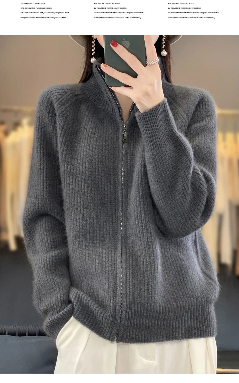 Women's Wool Zip-Up Stand Collar Cardigan