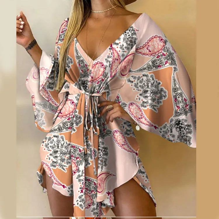 Women's Floral Boho V-Neck Mini Dress