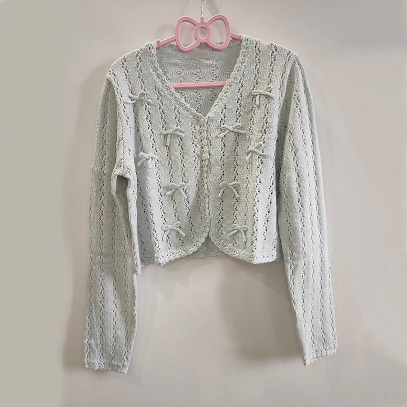 Women's Kawaii Bow Crochet Knit Cardigan