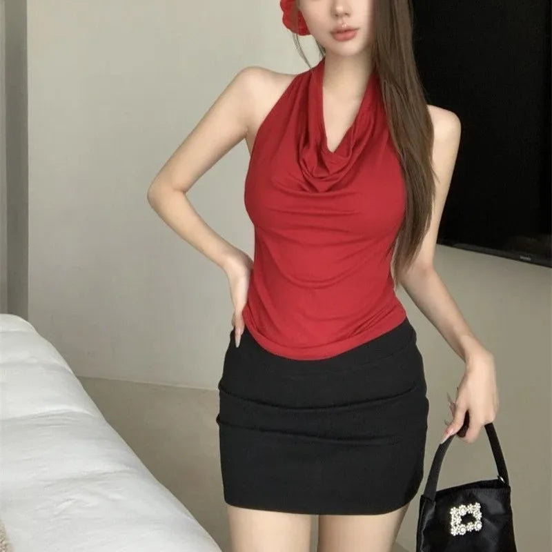Women's Y2K Backless Halter Swing Collar Crop Top