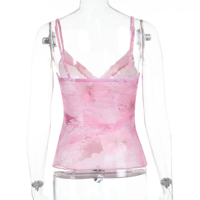 Women's Floral Print Y2K Spaghetti Strap Crop Top – Sexy Chiffon Cami
