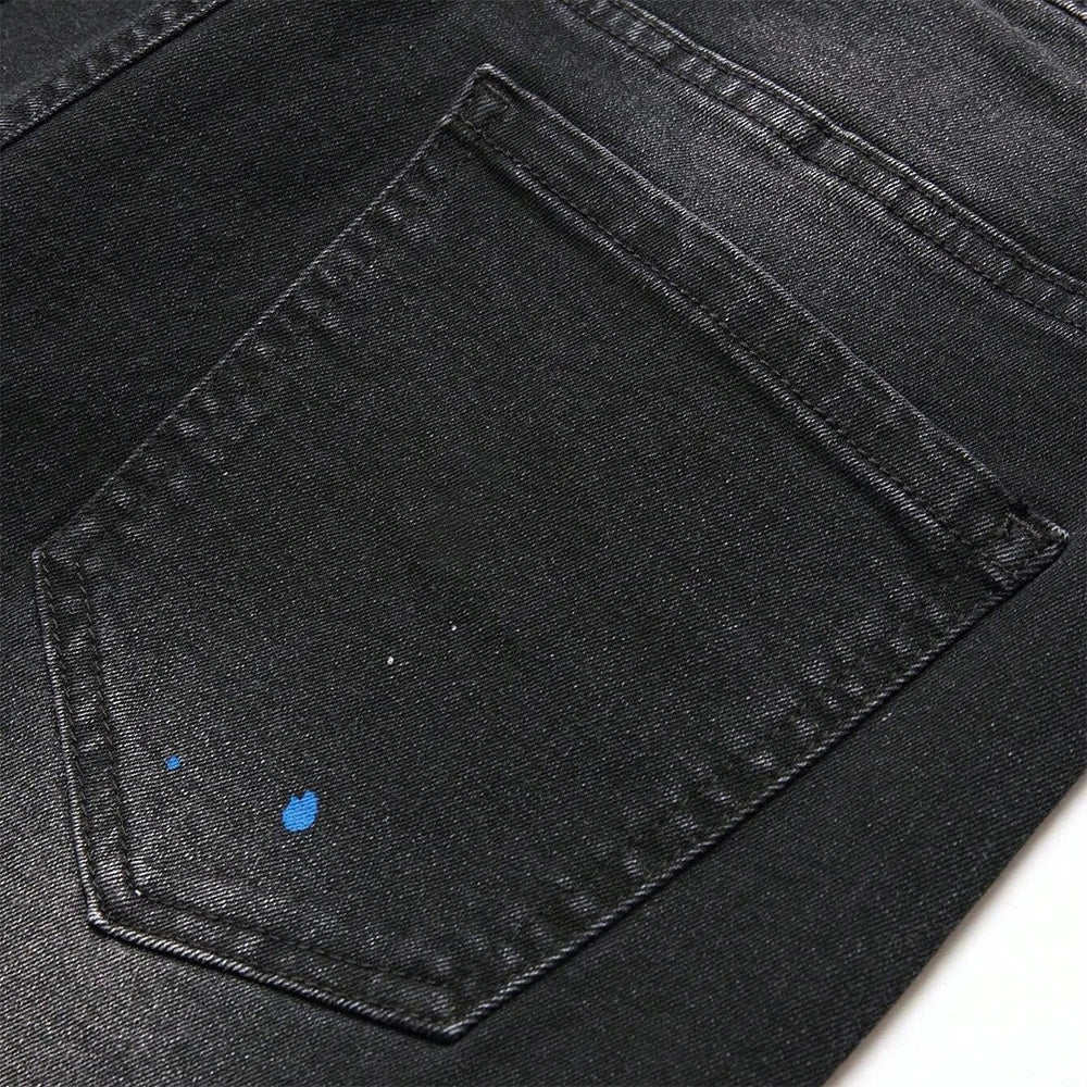 Men's Ripped Patchwork Slim Fit Black Jeans
