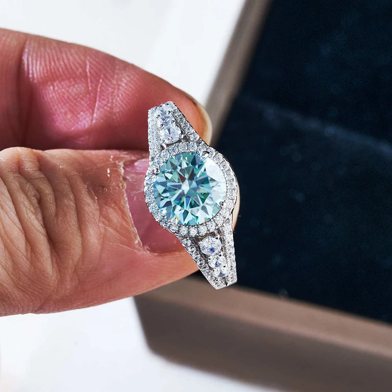 JoyceJelly 2CT Blue-Green Moissanite Sterling Silver Ring