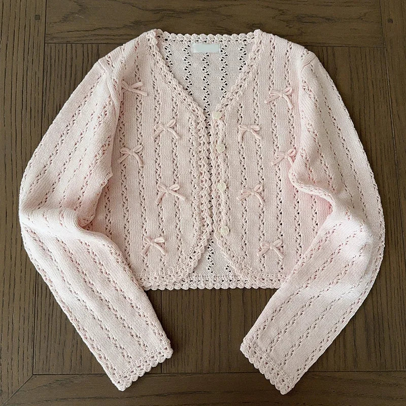 Women's Kawaii Bow Crochet Knit Cardigan