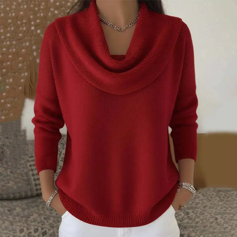 Women's Elegant Draped Neck Knit Sweater