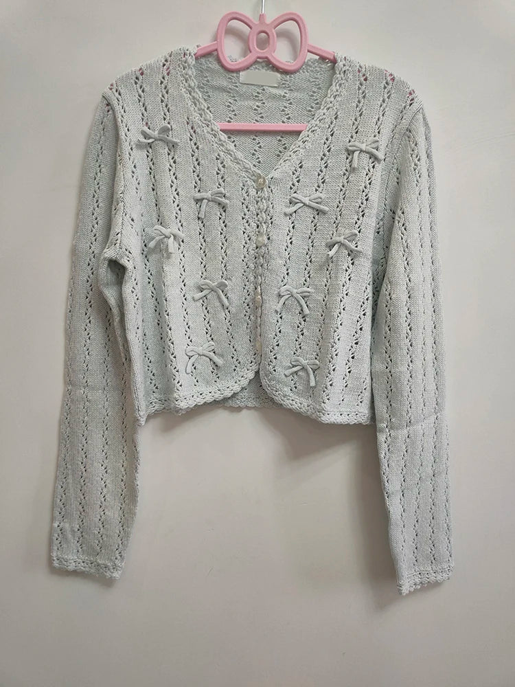 Women's Kawaii Bow Crochet Knit Cardigan