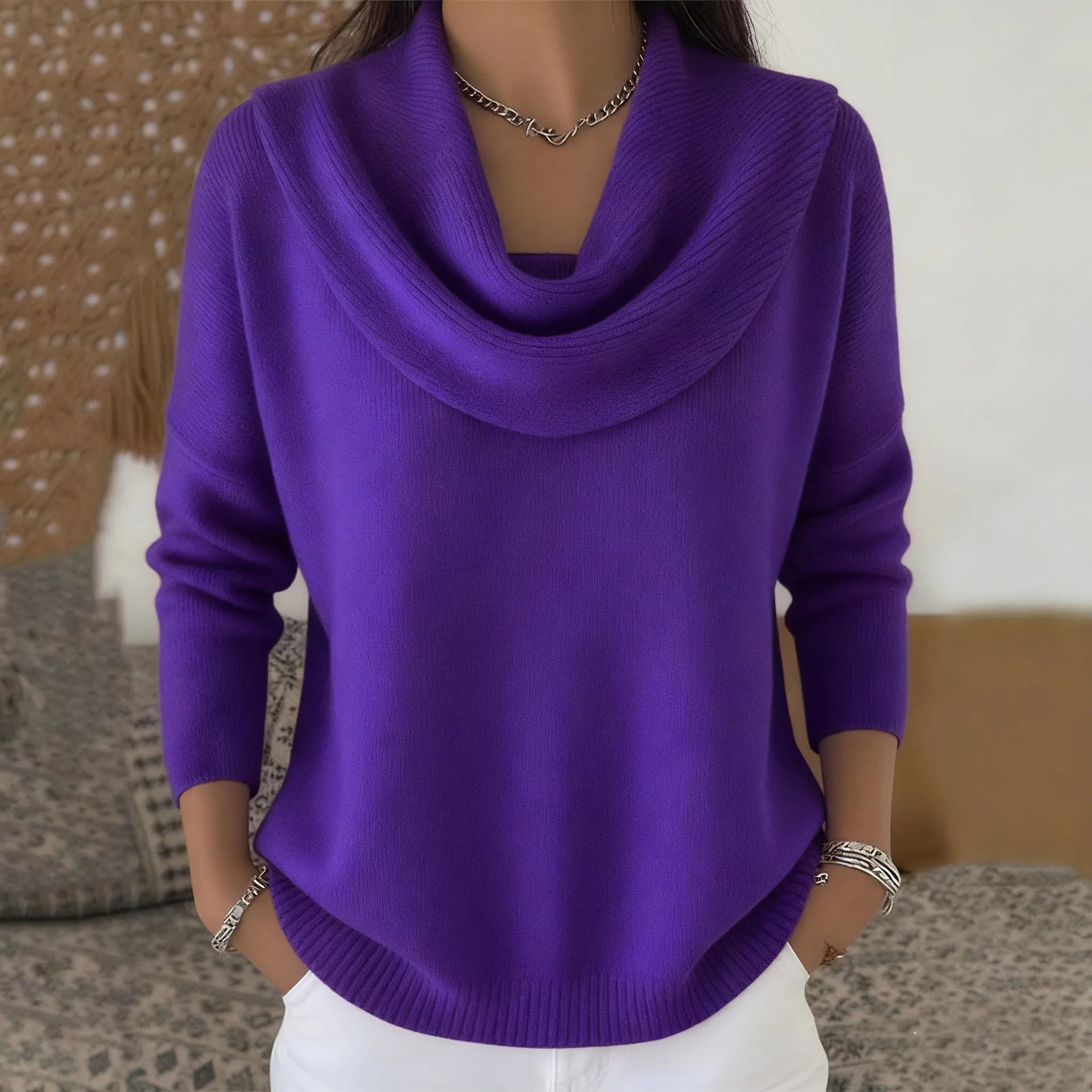 Women's Elegant Draped Neck Knit Sweater