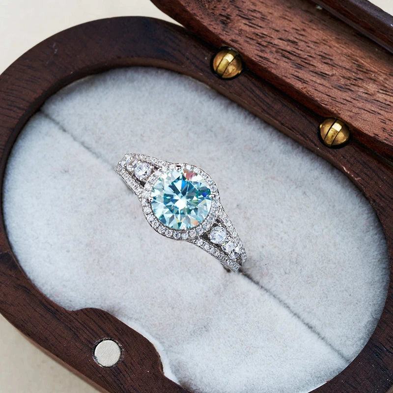 JoyceJelly 2CT Blue-Green Moissanite Sterling Silver Ring