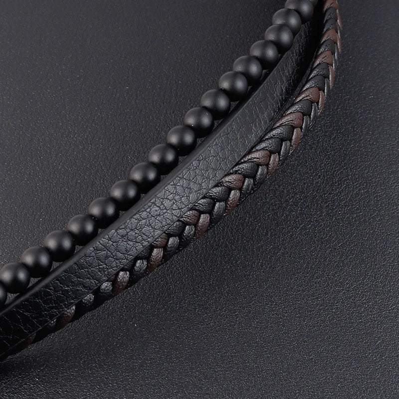 Men's Obsidian Beaded Leather Bracelet