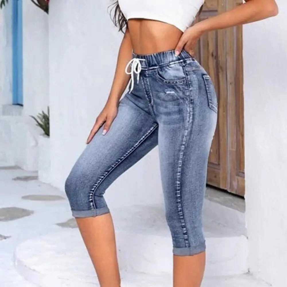 Women's High Waist Vintage Drawstring Denim Capris
