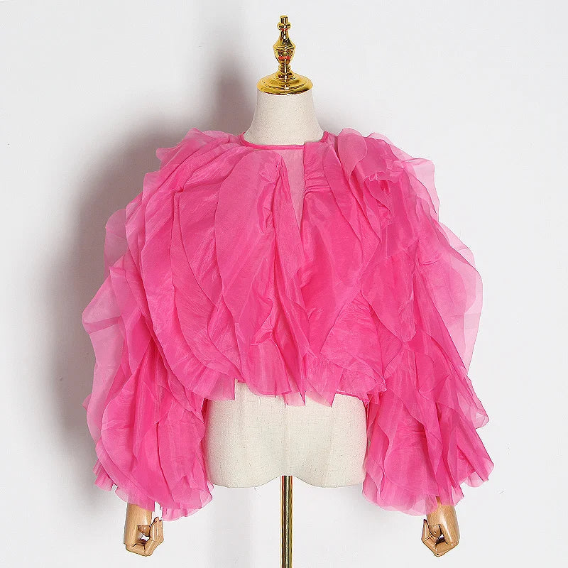 TWOTWINSTYLE Ruffle Chiffon Lantern Sleeve Blouse