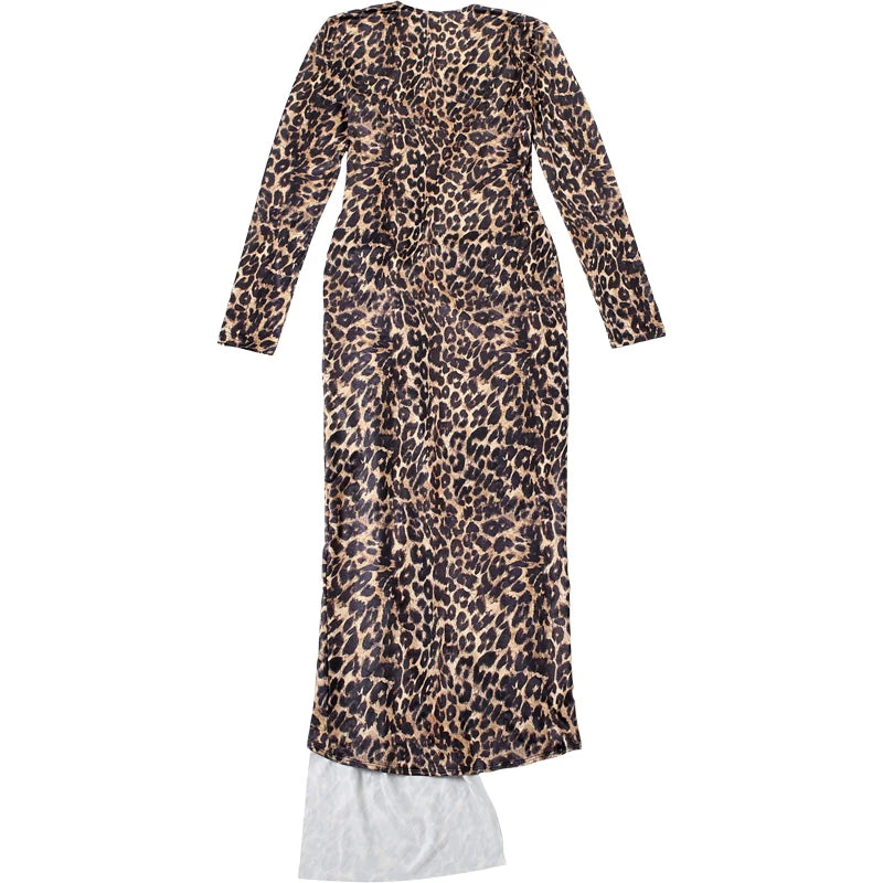 Y2K Leopard Print Deep V Split Dress