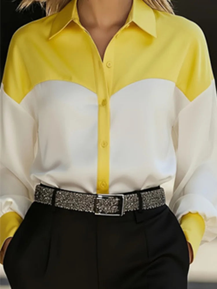 Women's Color Block Button-Up Work Blouse