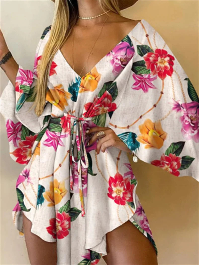 Women's Floral Boho V-Neck Mini Dress