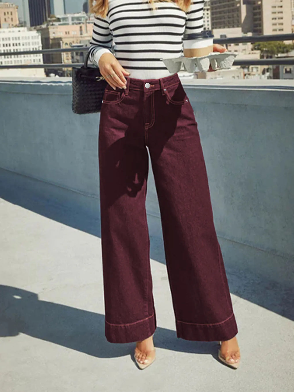 Women's Burgundy High Waist Wide Leg Jeans