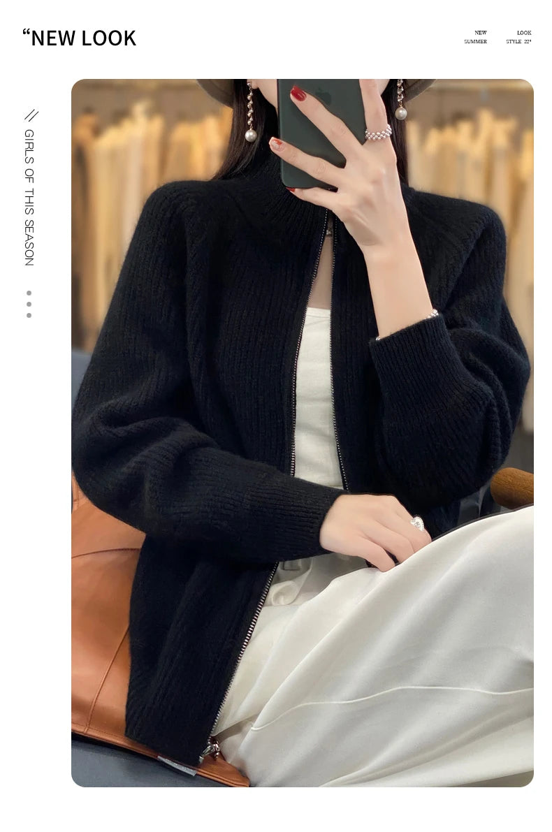 Women's Wool Zip-Up Stand Collar Cardigan