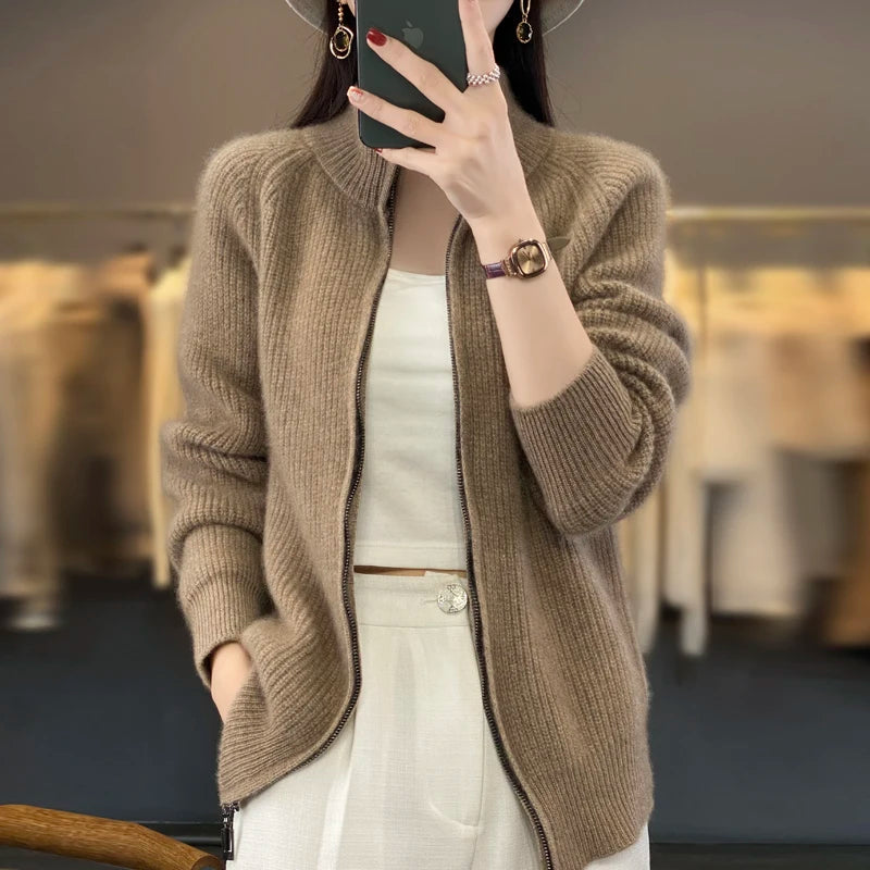 Women's Wool Zip-Up Stand Collar Cardigan