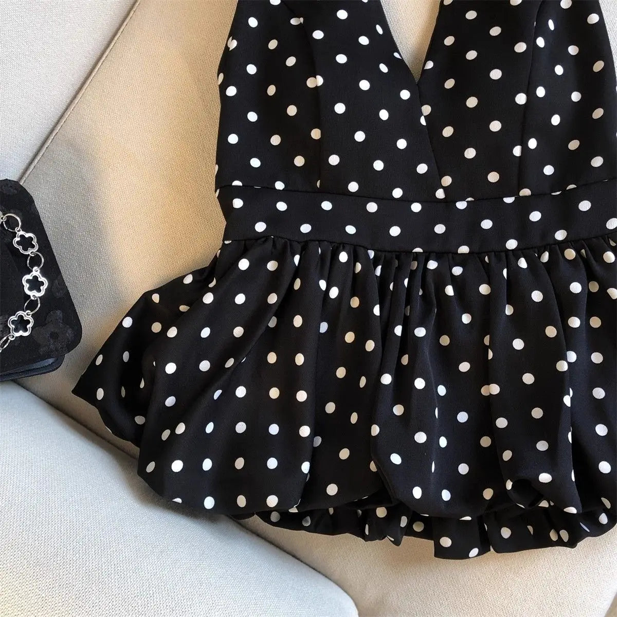 Women's Backless Halter Polka Dot Ruffle Crop Top