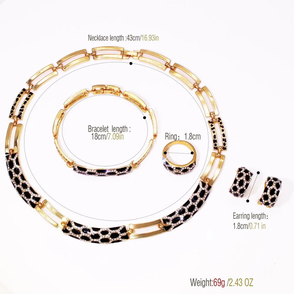 Elegant Black Enamel Jewelry Set with White Zircon – Necklace, Earrings, Bracelet & Ring