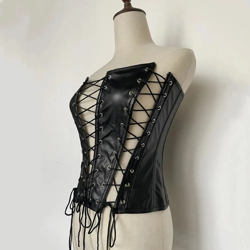 Women's PU Leather Lace-Up Corset Crop Top