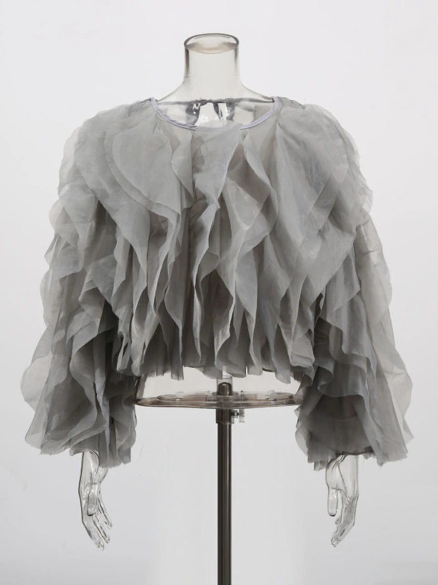 TWOTWINSTYLE Ruffle Chiffon Lantern Sleeve Blouse