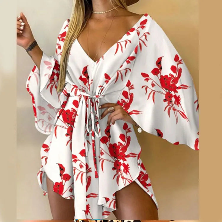 Women's Floral Boho V-Neck Mini Dress