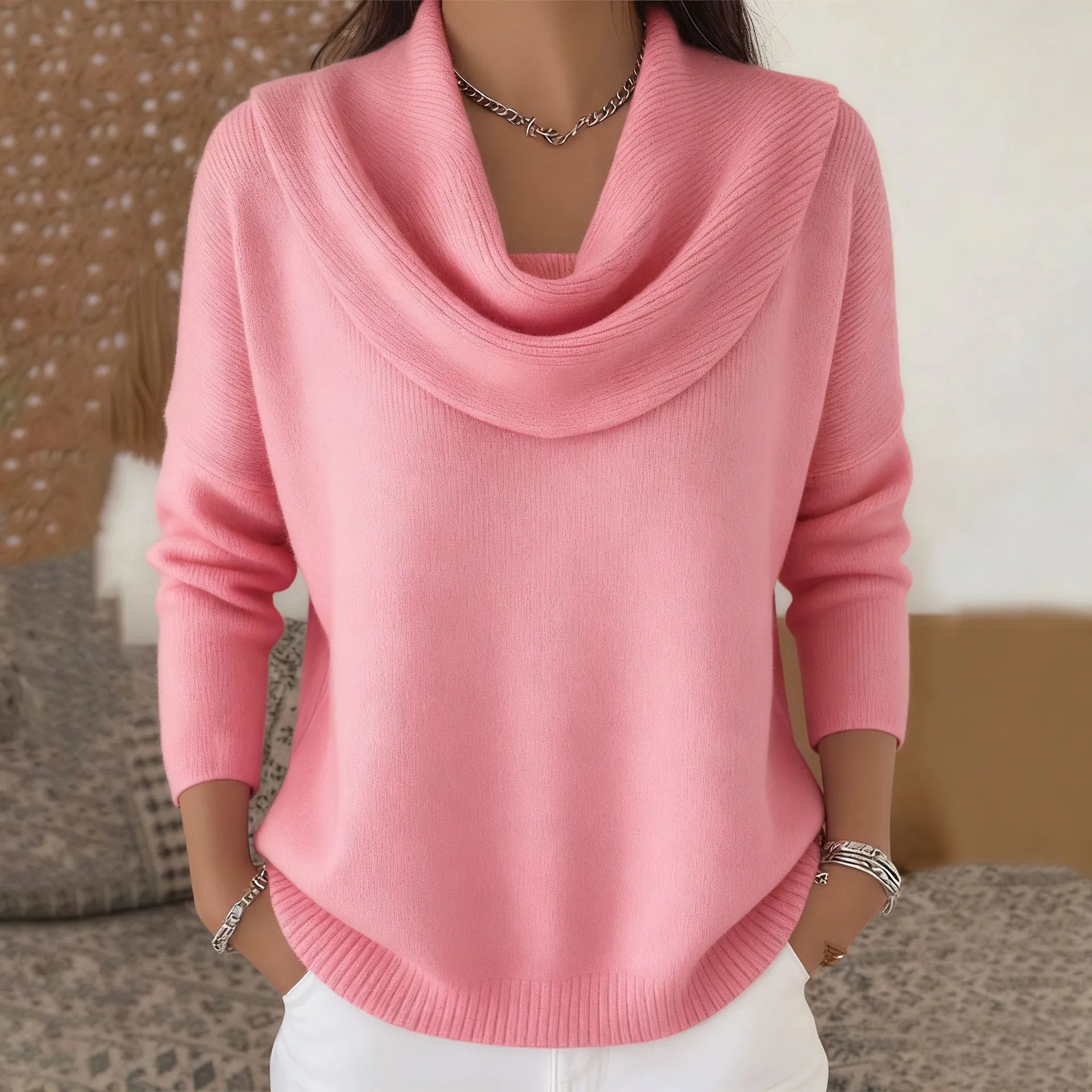 Women's Elegant Draped Neck Knit Sweater