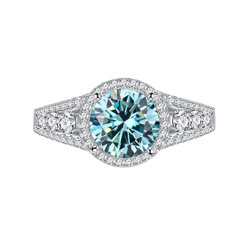JoyceJelly 2CT Blue-Green Moissanite Sterling Silver Ring