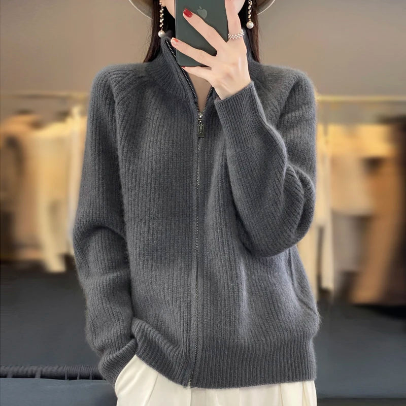 Women's Wool Zip-Up Stand Collar Cardigan