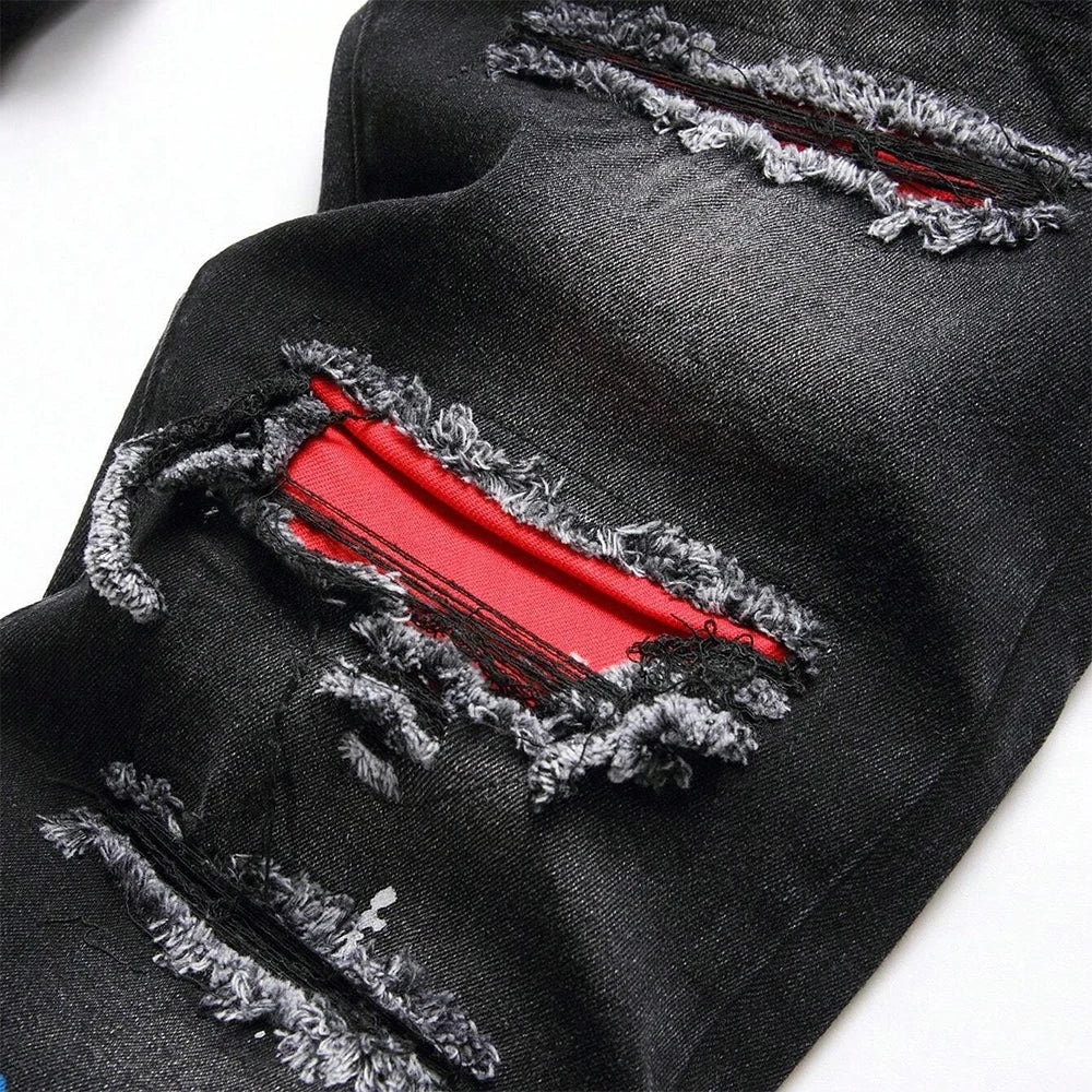 Men's Ripped Patchwork Slim Fit Black Jeans