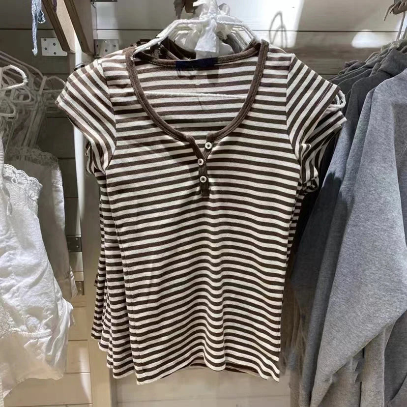 Women's Y2K Striped Button Crop Top
