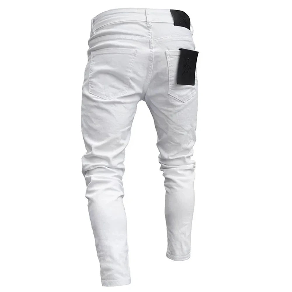 Men's White Embroidered Ripped Slim Fit Jeans