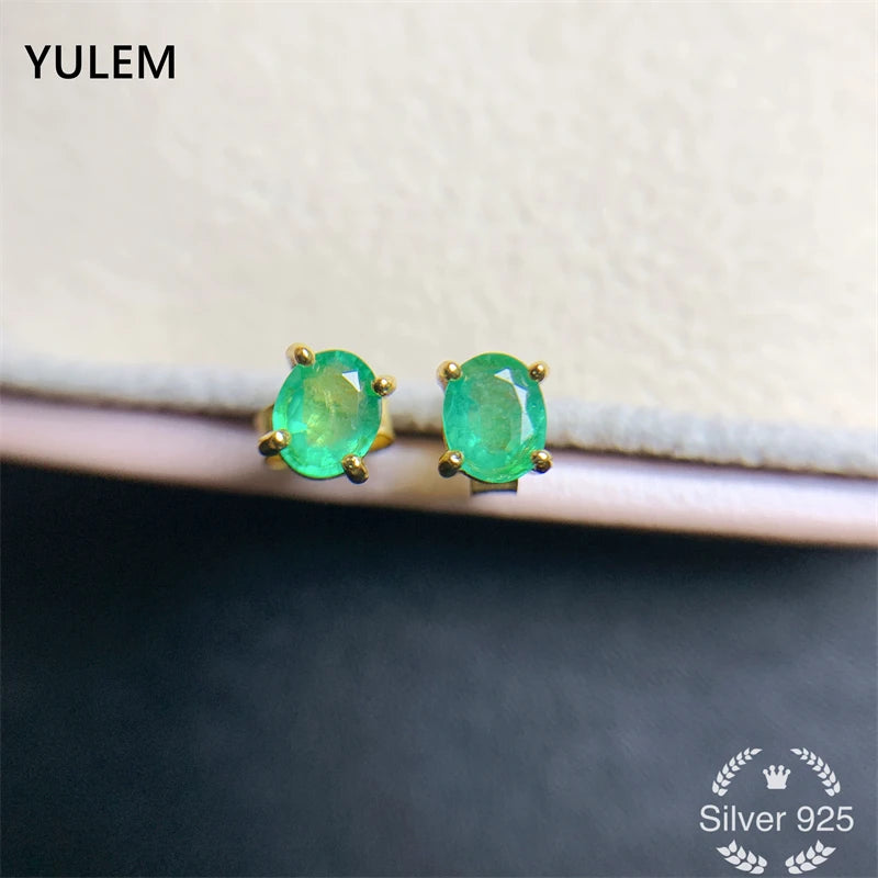 YULEM Natural Emerald S925 Silver Stud Earrings