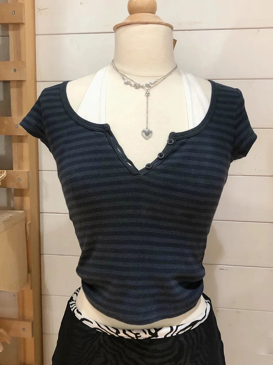 Women's Y2K Striped Button Crop Top