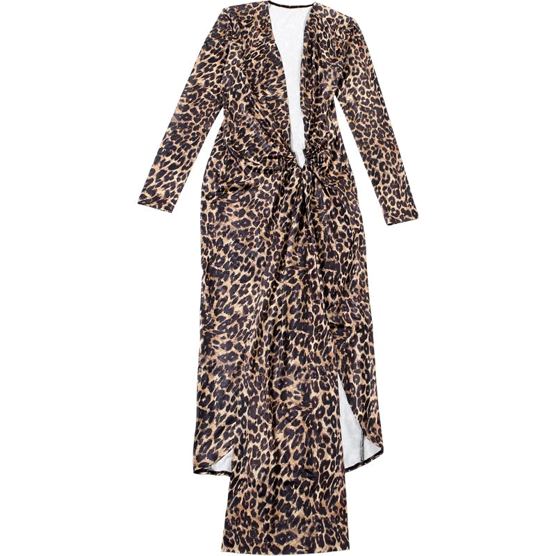 Y2K Leopard Print Deep V Split Dress