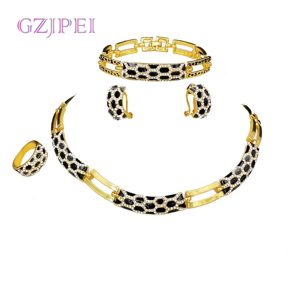 Elegant Black Enamel Jewelry Set with White Zircon – Necklace, Earrings, Bracelet & Ring