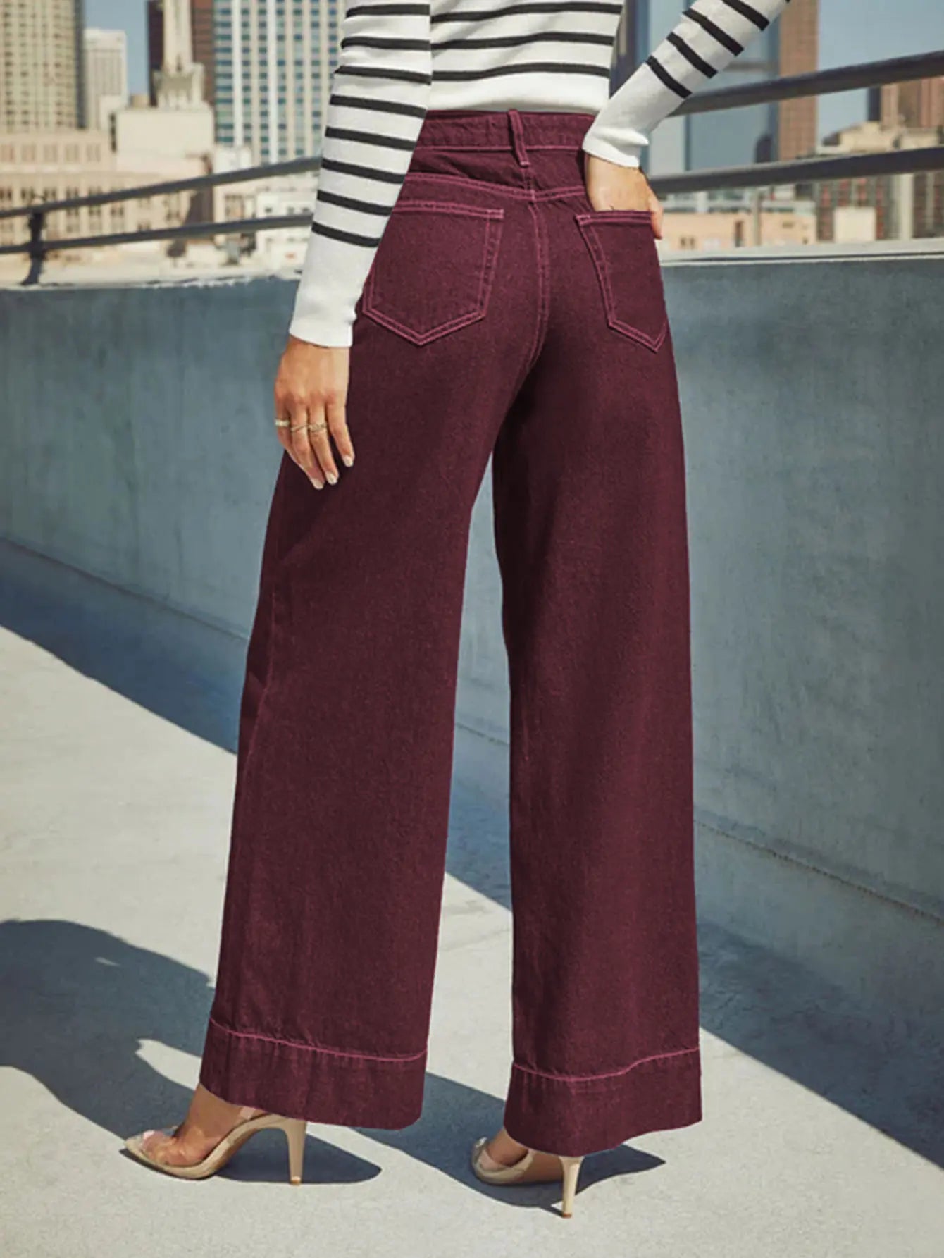 Women's Burgundy High Waist Wide Leg Jeans