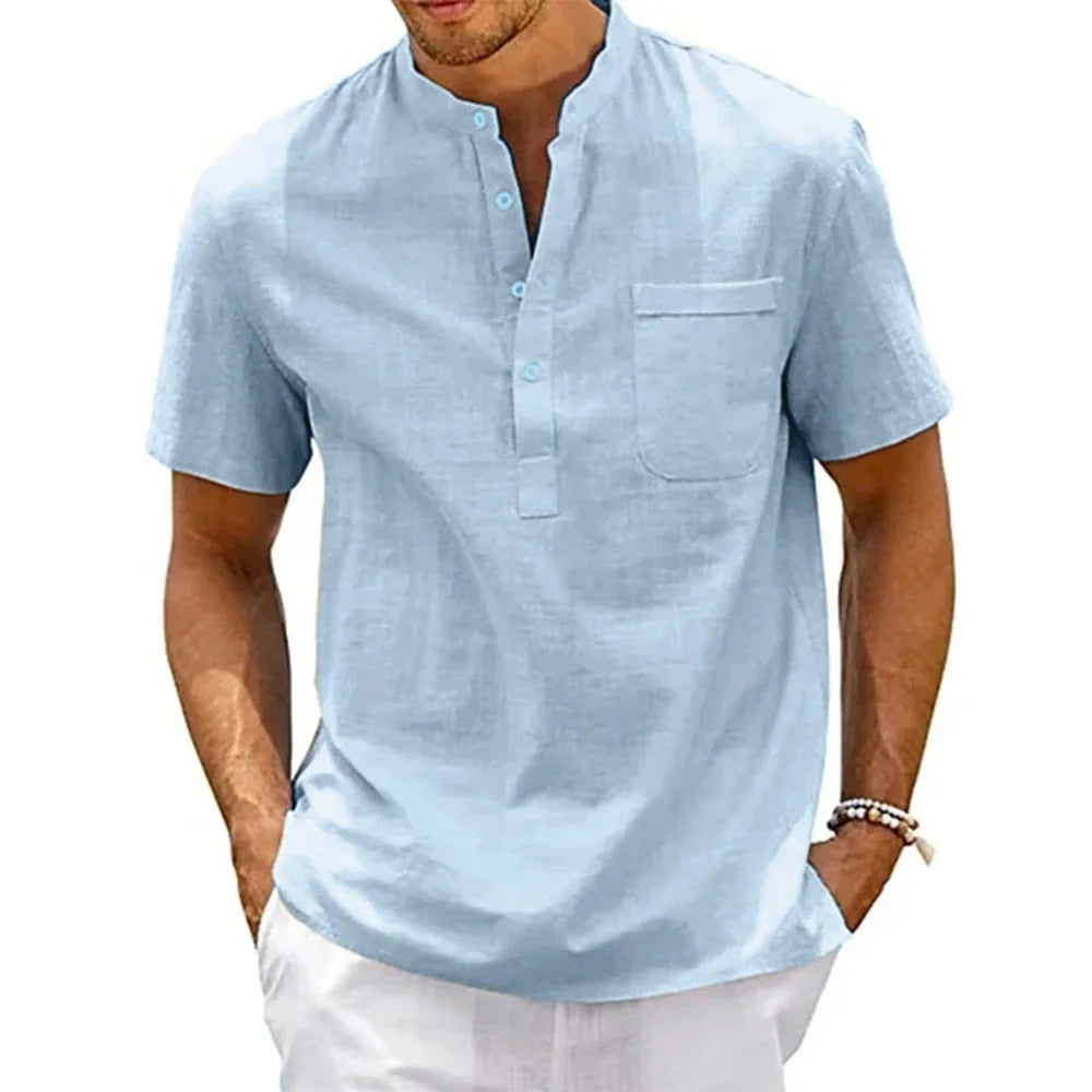 Men's Cotton Linen Henley Pocket Shirt