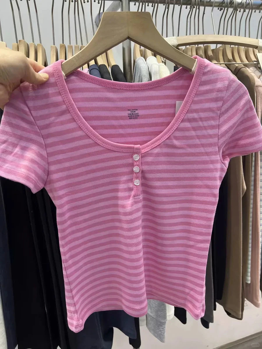 Women's Y2K Striped Button Crop Top