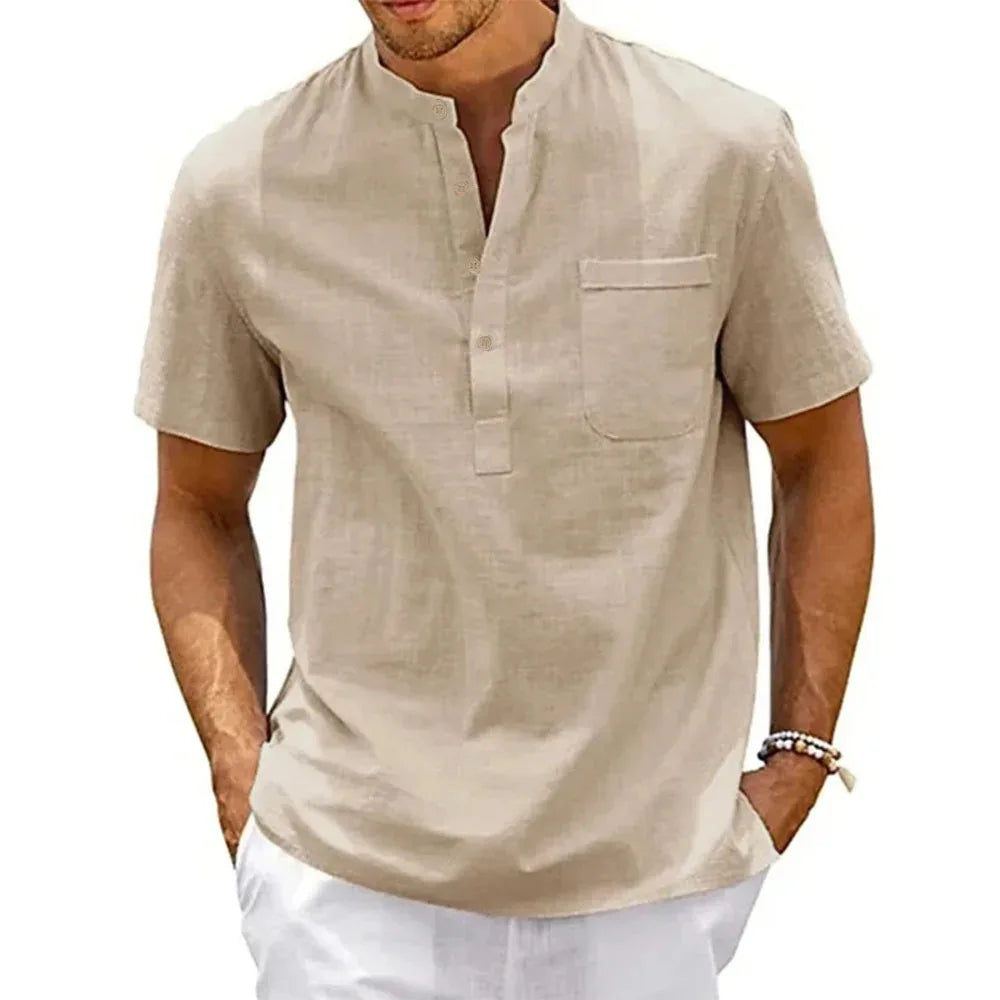 Men's Cotton Linen Henley Pocket Shirt