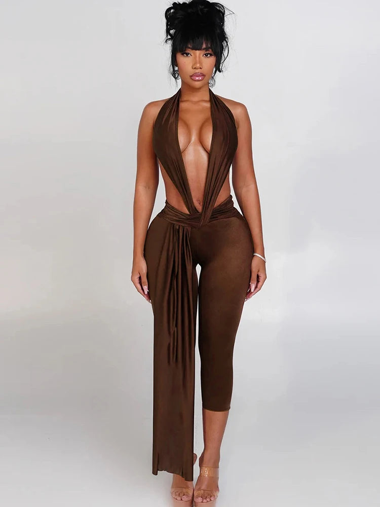 Women's Patchwork Halter Backless Romper